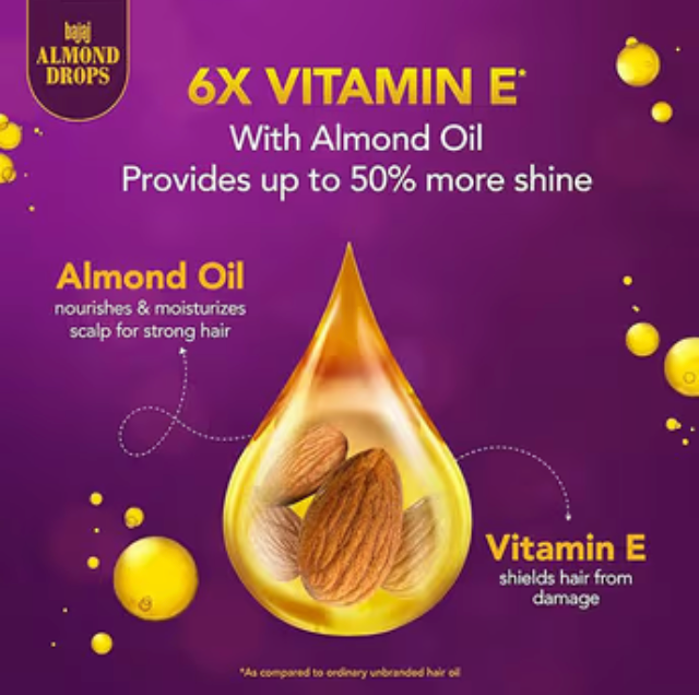 Bajaj Almond Drops Almond Oil 6X Vitamin E Nourishment Non Sticky Hair Oil For Hair Fall Control