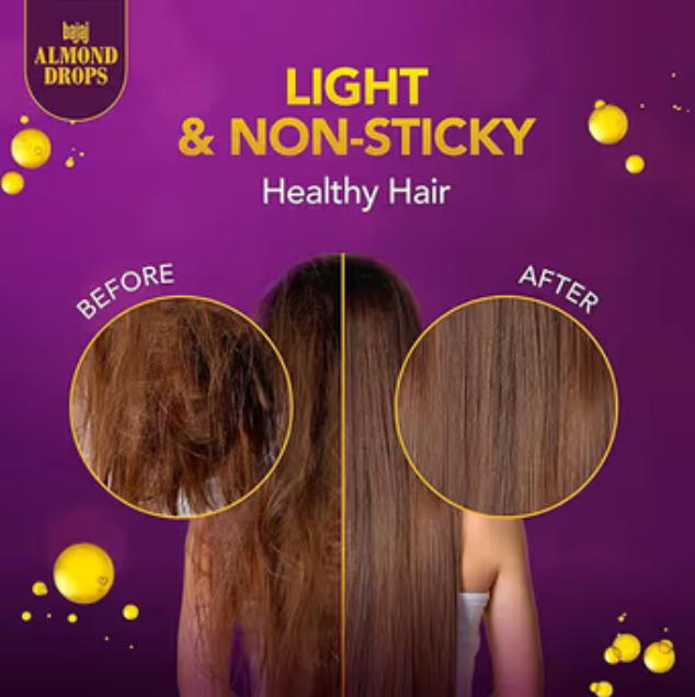 Bajaj Almond Drops Almond Oil 6X Vitamin E Nourishment Non Sticky Hair Oil For Hair Fall Control