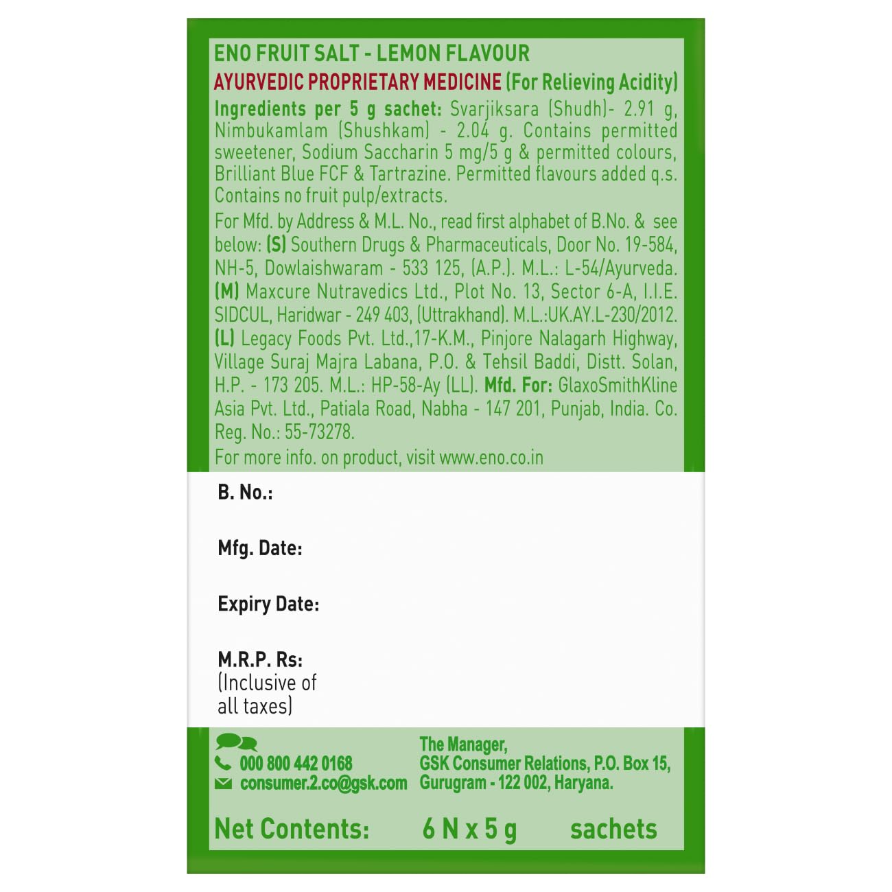 ENO Lemon Multipack Digestive Fruit Salt 30 gm ( Pack of 6 )