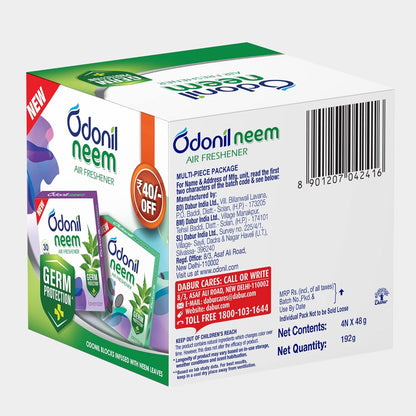 Odonil Bathroom & Toilet Air Freshener Neem Mixed Fragrance Blocks - 192g (48g, Pack of 4) | Fragrances- Jasmine, Lavender, Orchid, Rose| Long Lasting Fragrance | Lasts upto 30 days | Germ Protection